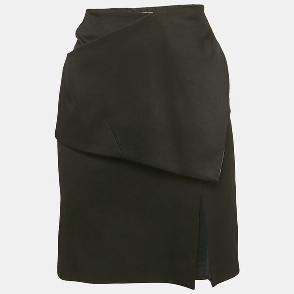 Balenciaga Black And Pink Gabardine Asymmetrical Overlap Pencil Skirt L